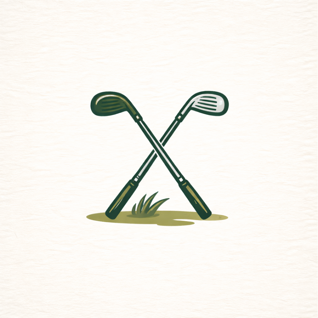 Two crossed golf clubs on a white background