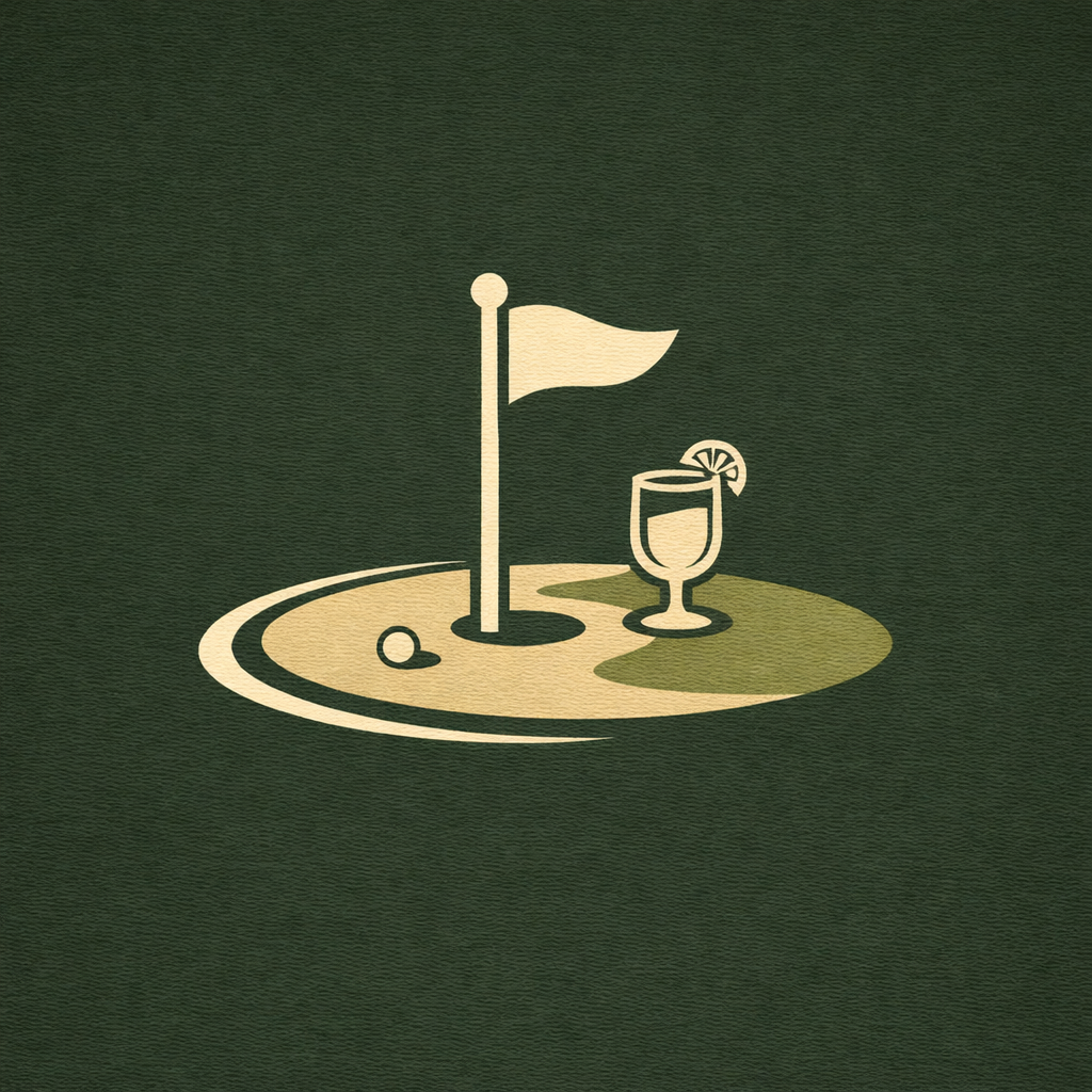 Illustration of a golf course with a flag, ball, and drink on a green background