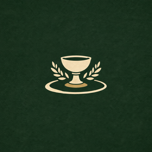 Logo of a chalice with olive branches on a dark green background