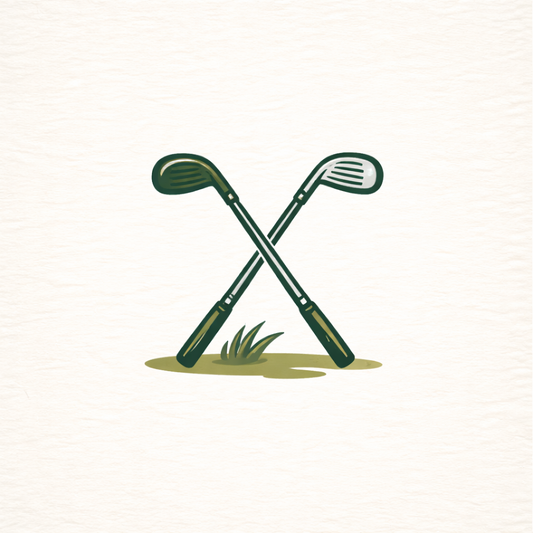 Two crossed golf clubs on a white background