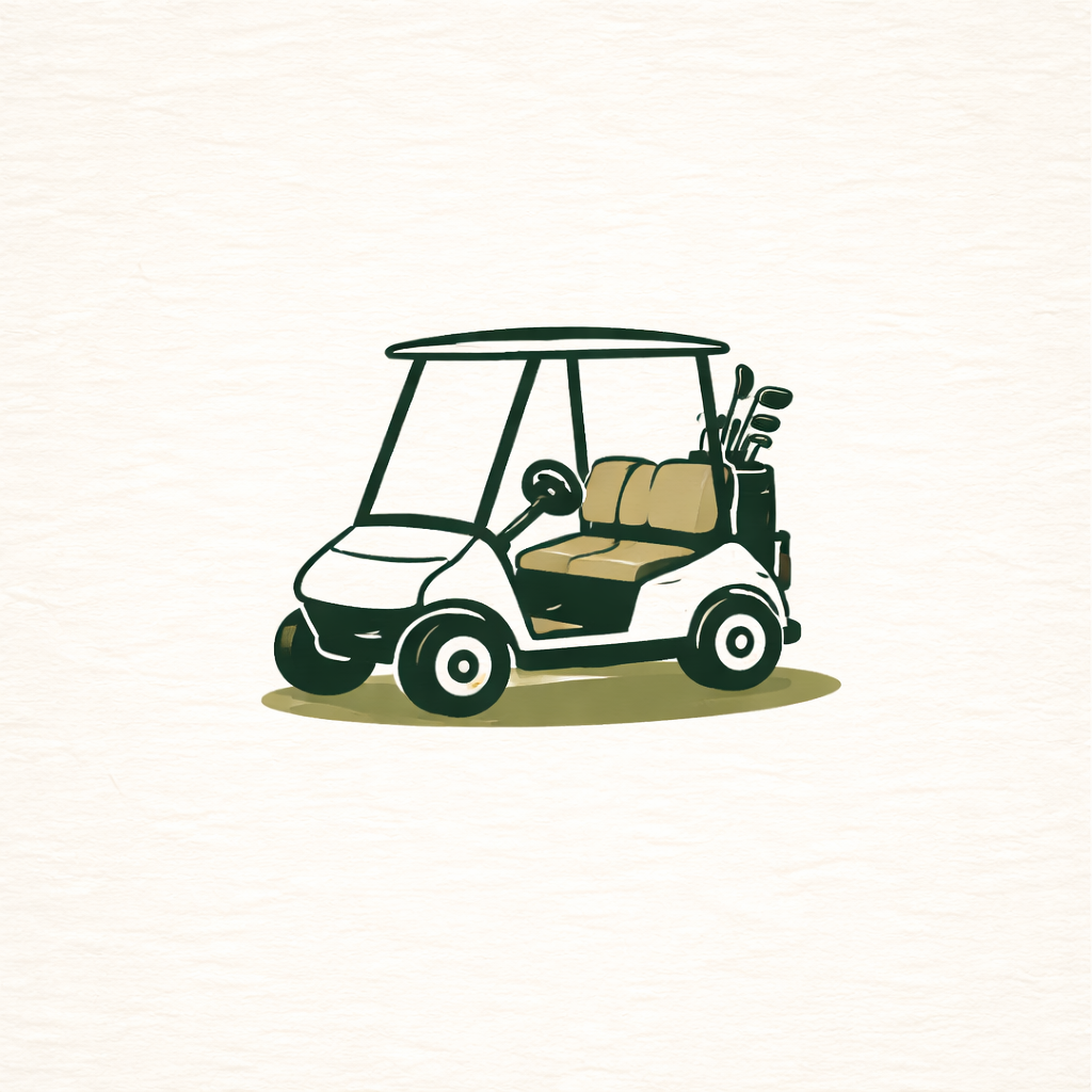 Illustration of a golf cart with beige seats and golf clubs on a white background