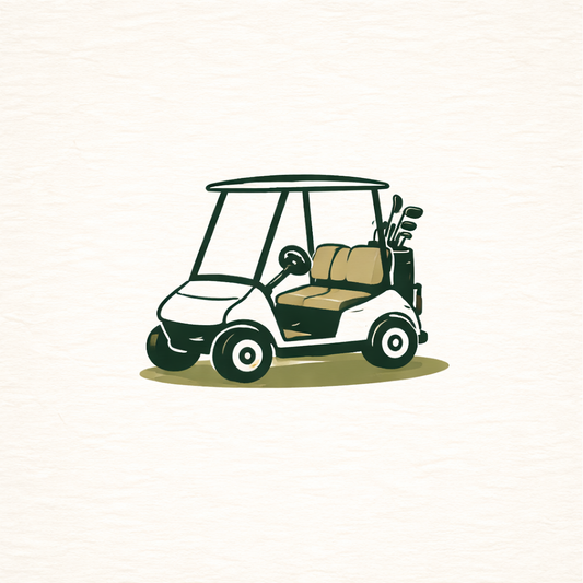 Illustration of a golf cart with beige seats and golf clubs on a white background