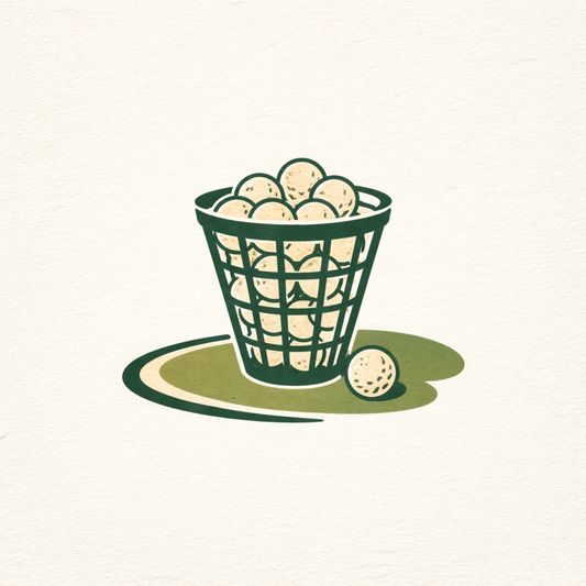 Illustrated product graphic for Meadows Golf Center Driving Range Only Membership featuring a wire basket filled with golf balls and one loose ball on a cream textured background.