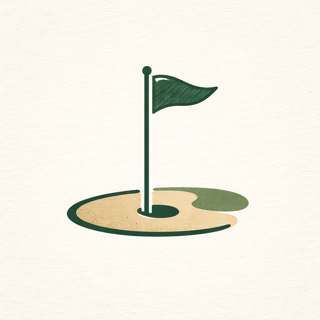 Illustration of a golf flag on a green and brown patch with a white background