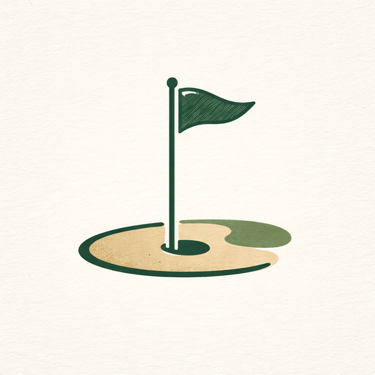 Illustration of a golf flag on a green and brown patch with a white background