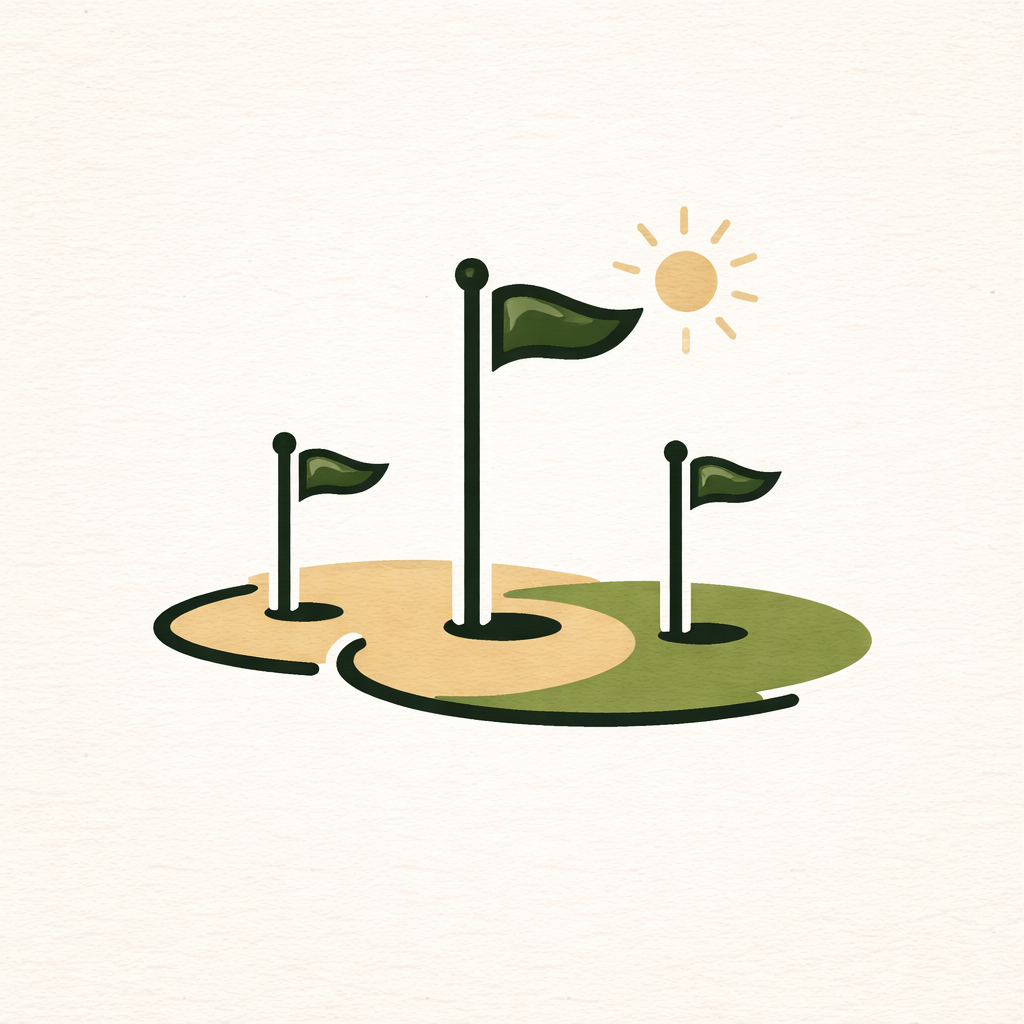 Illustration of a golf course with flags and a sun on a beige background